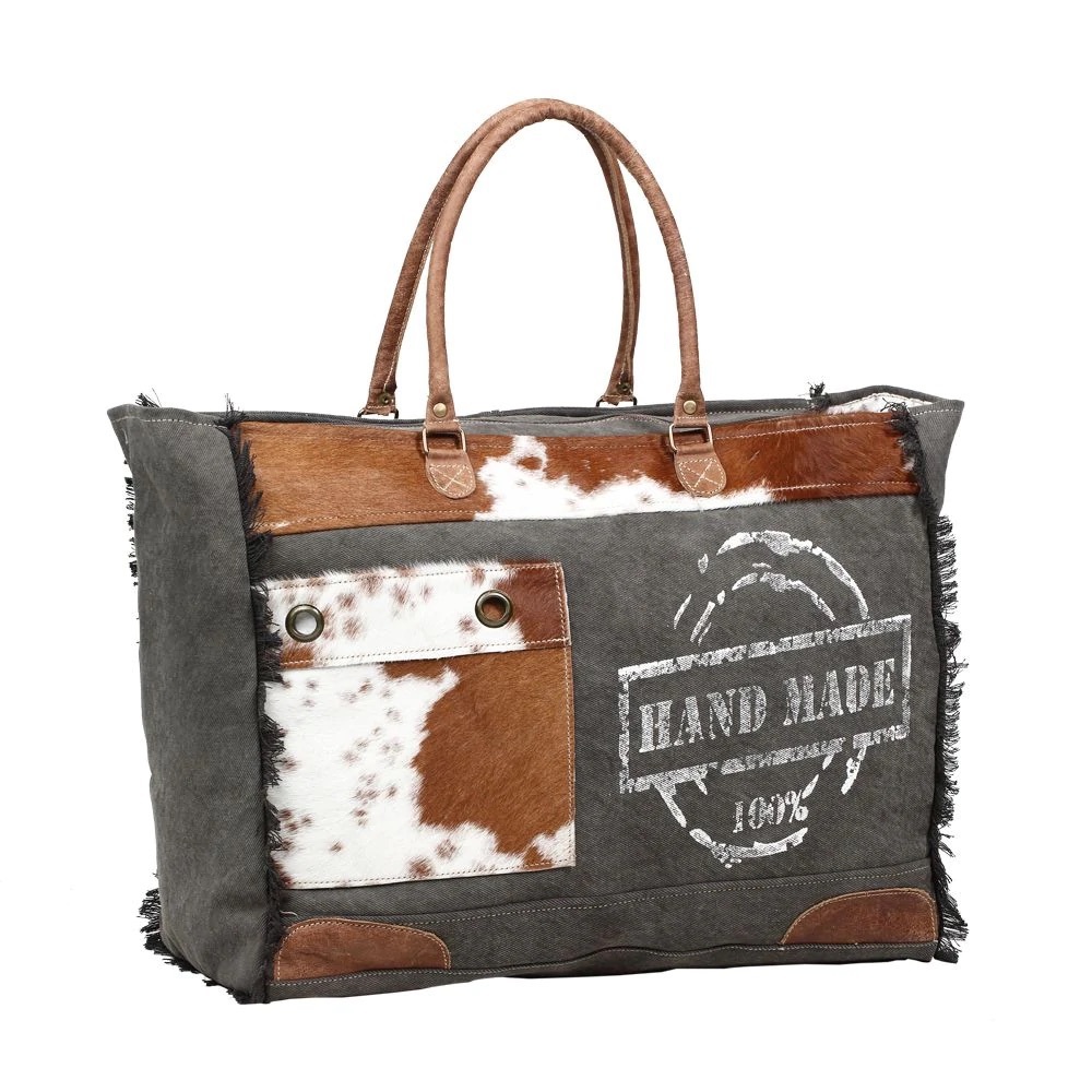 Myra-100% Hand Made Print Cow Hide Leather/canvas x-large weekender NWT LAST 1!